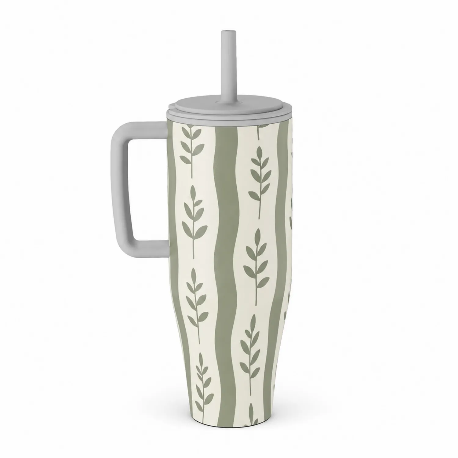 Taza Térmica con Tapa y Asa 700ml Verde/Crema con Diseño de Hojas