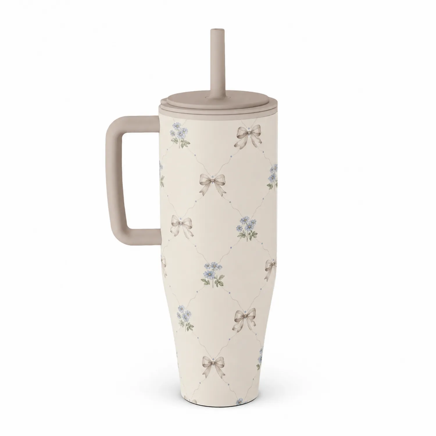 Vaso térmico con pajita y asa diseño floral beige 600ml