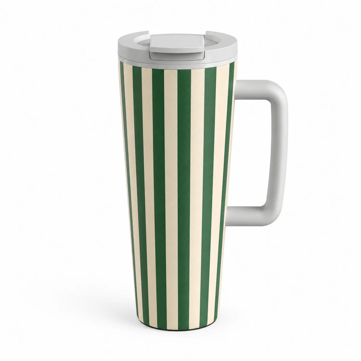 Taza térmica a rayas verde y crema con tapa hermética