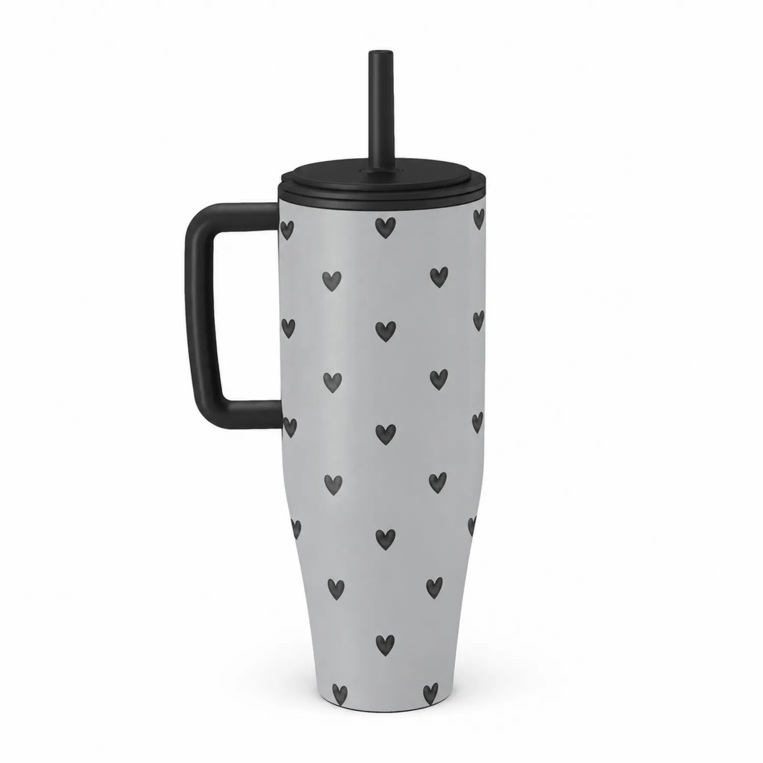 Taza térmica con pajita integrada y diseño de corazones Gris y Negro