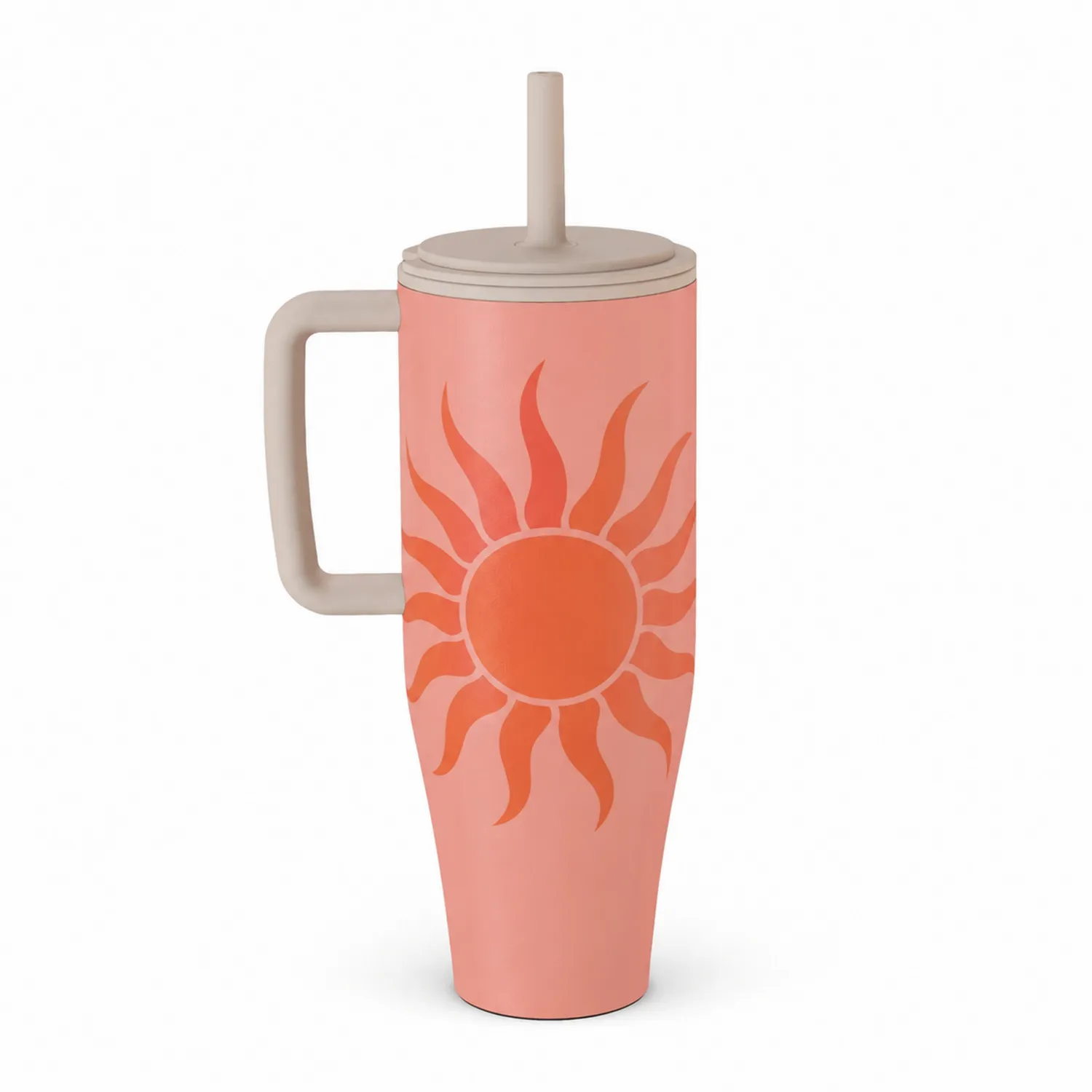 Taza Térmica con Diseño de Sol y Pajita, Color Coral
