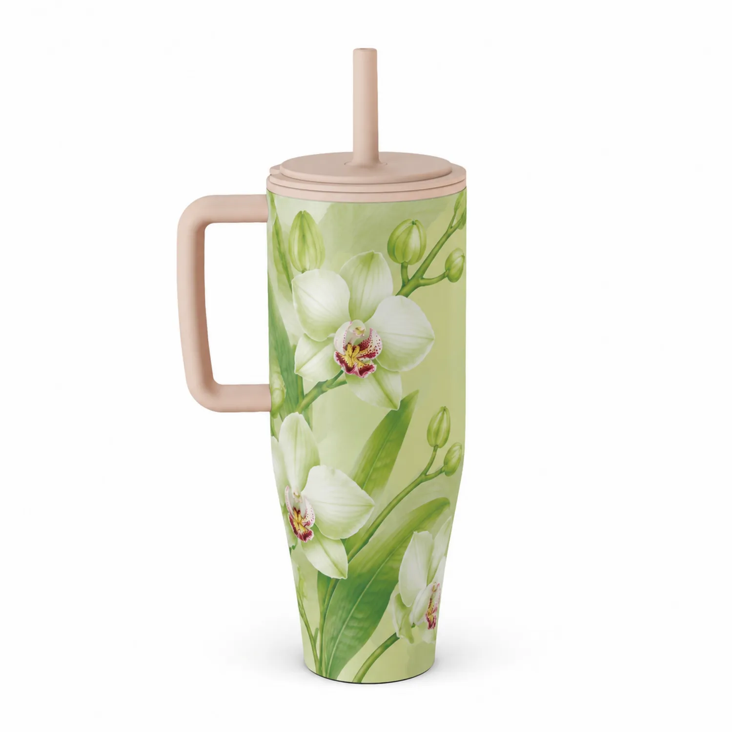 Taza de Viaje con Asa y Diseño Floral de Orquídea 500ml Verde Claro