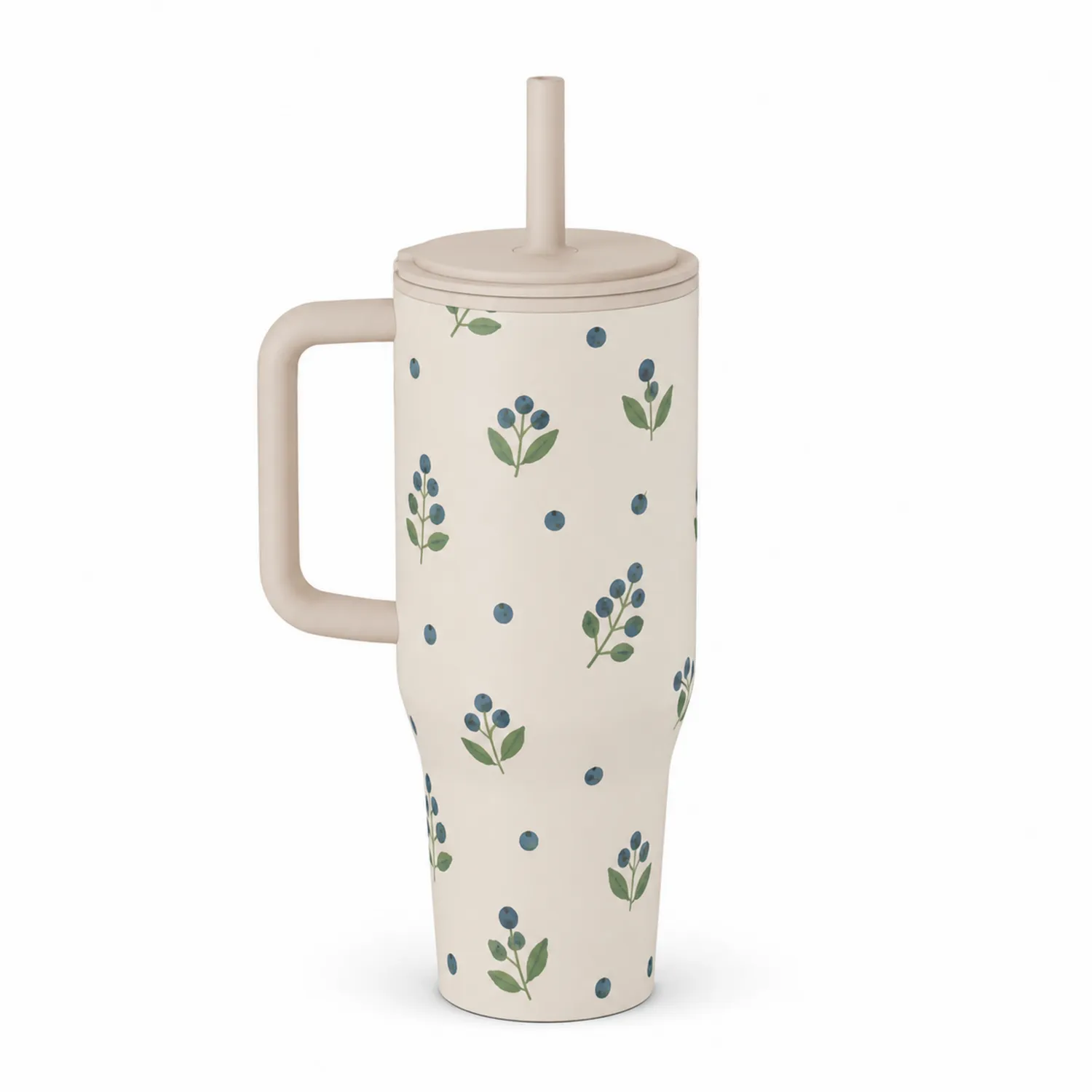Taza Térmica Floral con Tapa y Pajilla 450ml Crema Azul