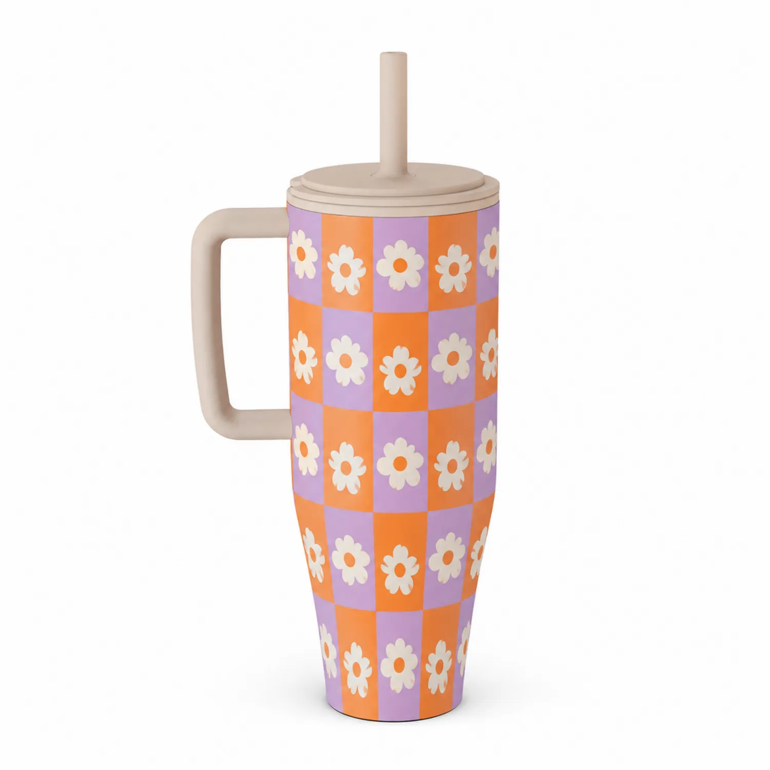 Vaso Térmico con Flores y Asa 600ml Naranja y Lila