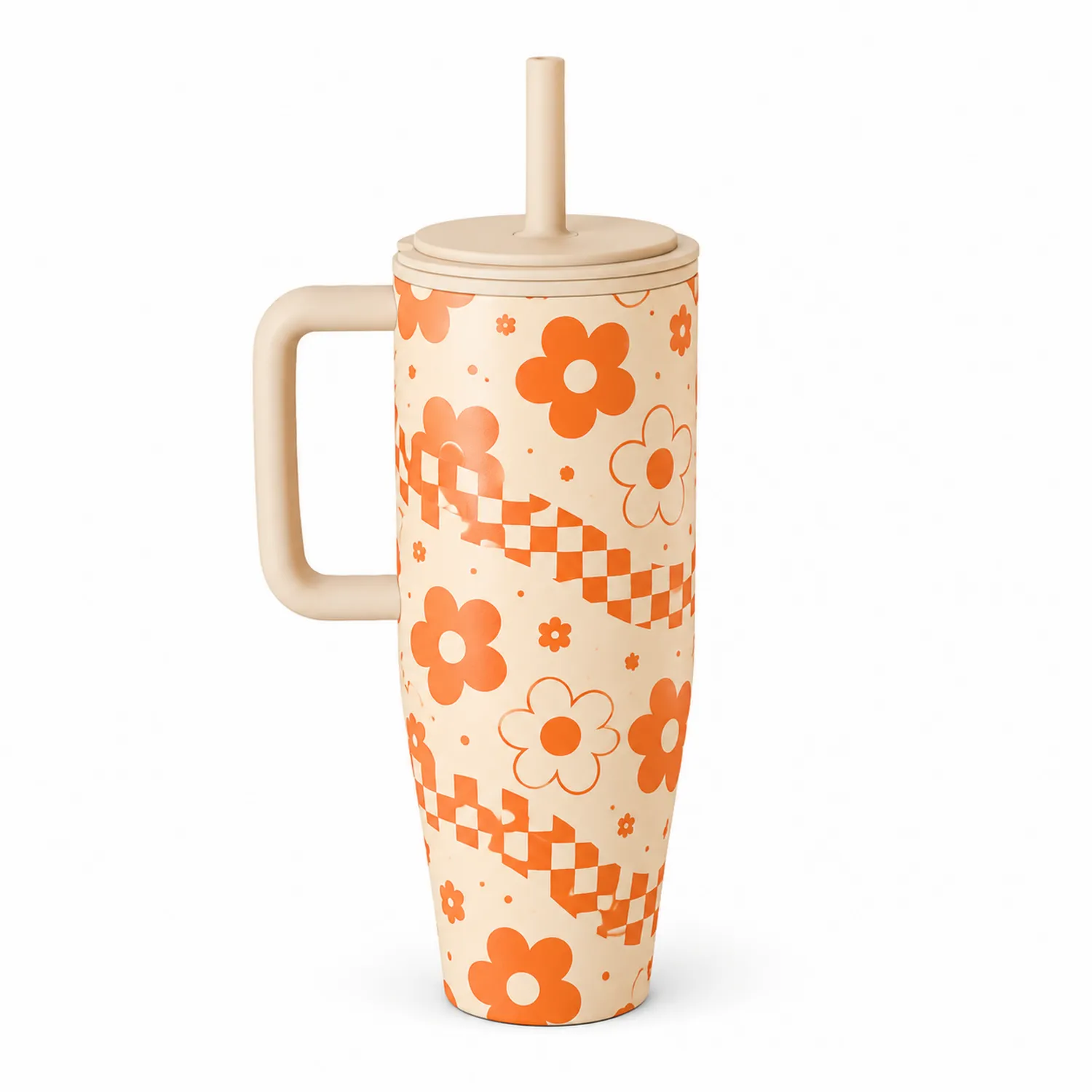 Vaso con Asa y Pajita Diseño Floral Naranja
