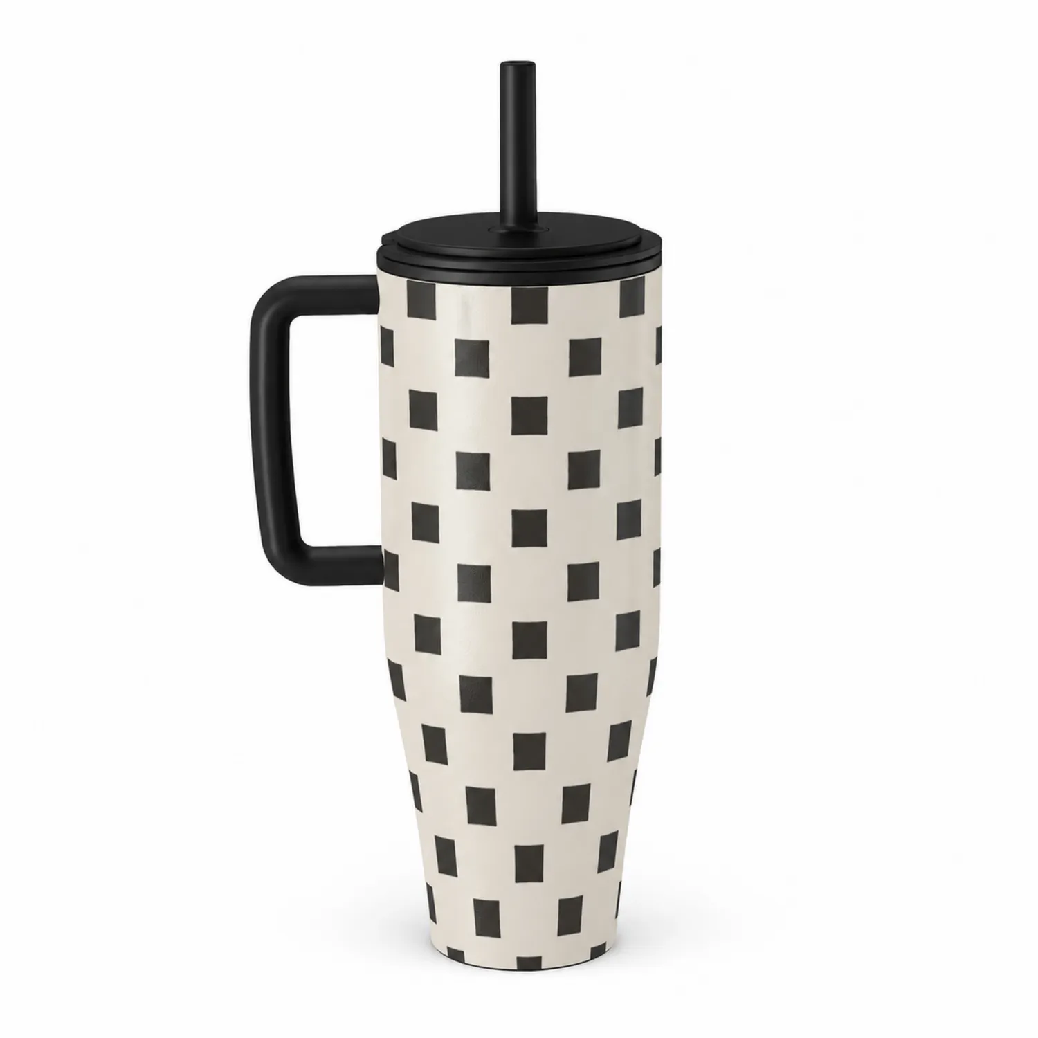 Taza Térmica con Asa y Pajita Diseño Cuadrado Blanco y Negro