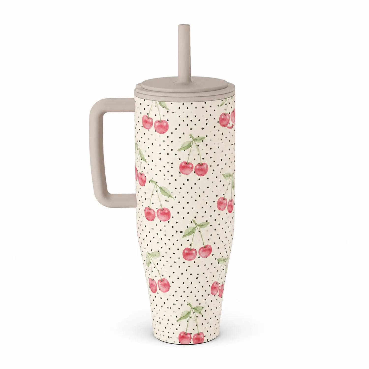 Taza Grande con Tapa y Pajita Diseño de Cerezas 500ml