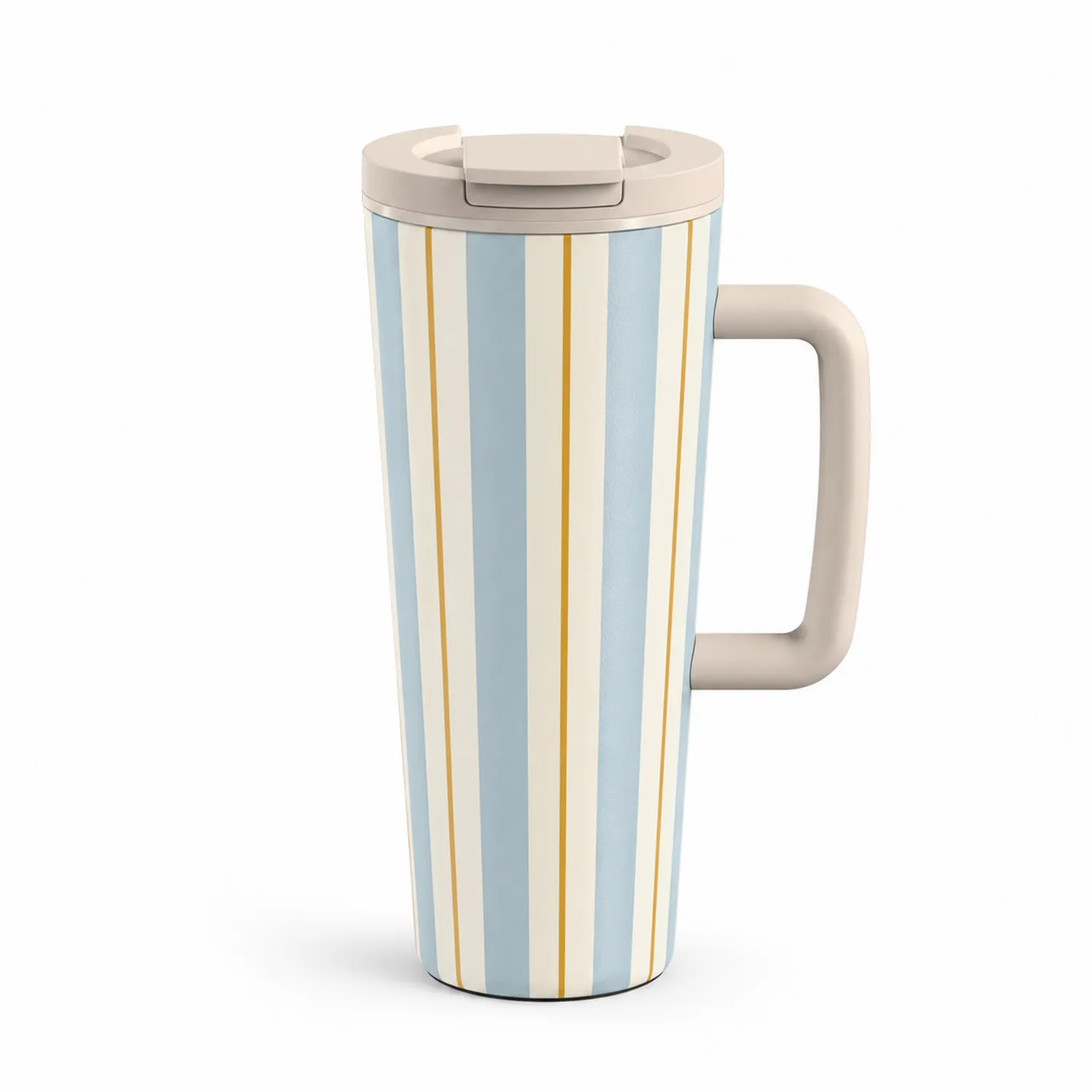 Taza térmica a rayas azul y crema con asa