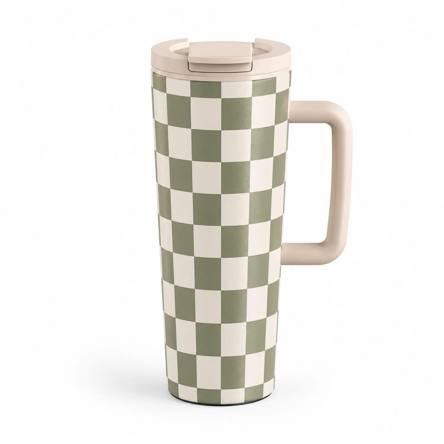 Taza térmica con asa y tapa diseño ajedrez 500ml beige/verde