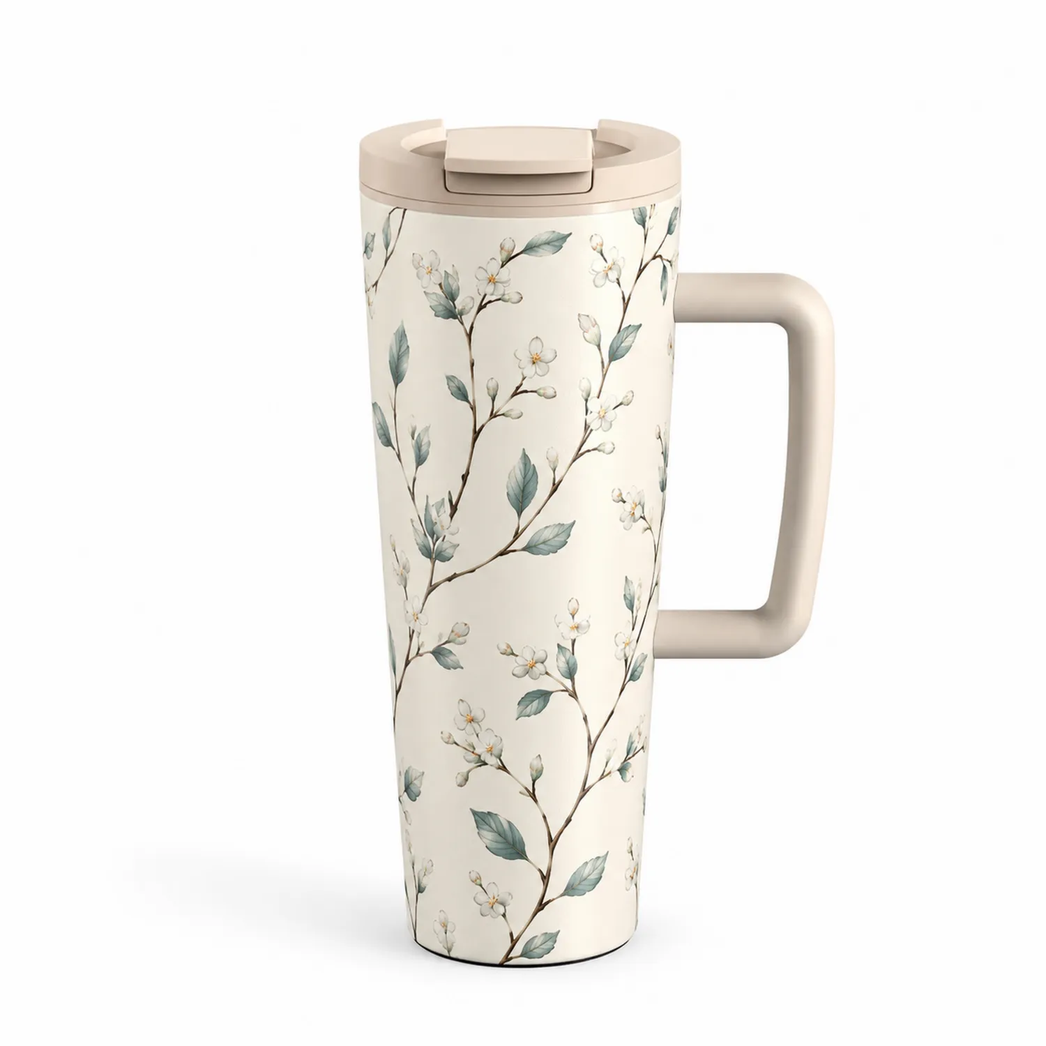 Taza de Viaje con Asa Estampado Floral Aislante 400ml Beige