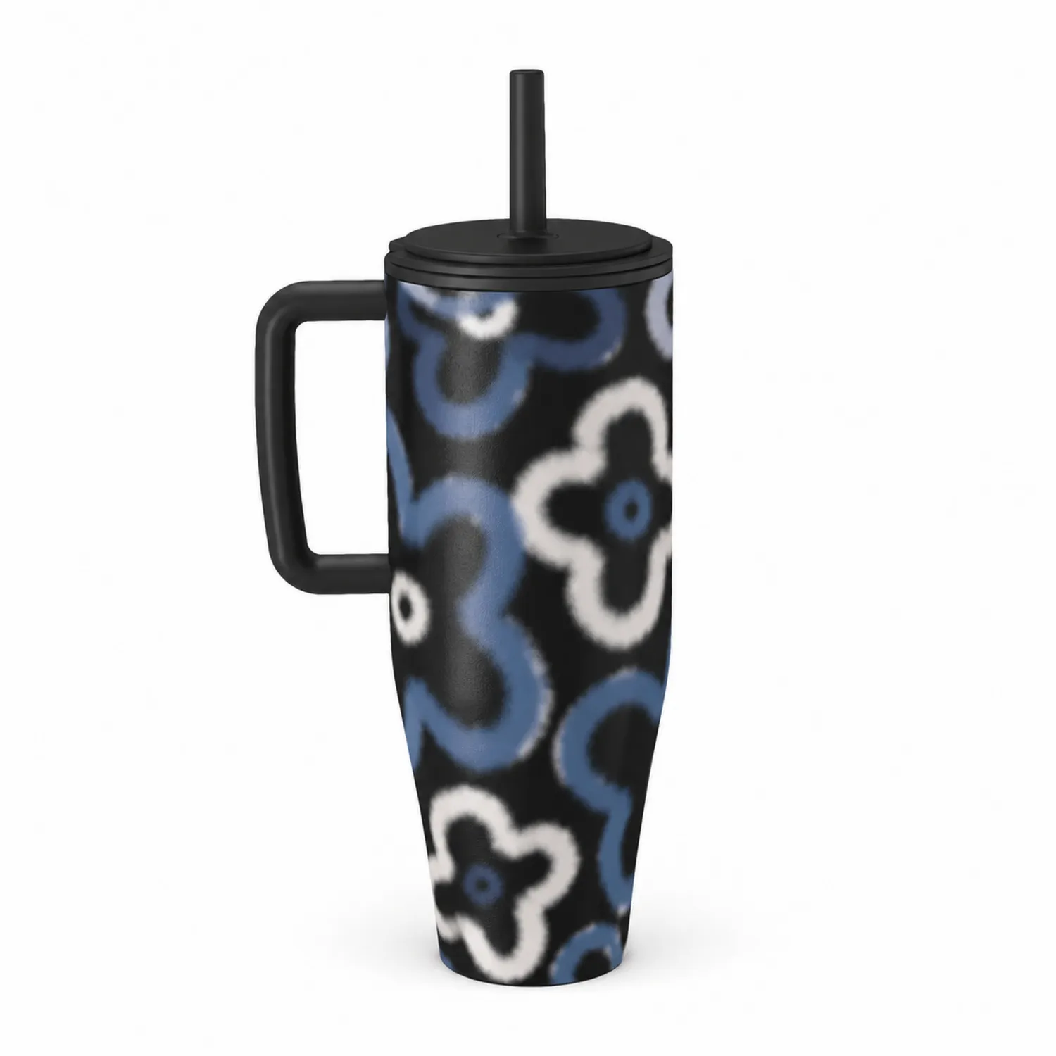 Taza Térmica con Asa y Pajita Diseño Floral Azul y Negro
