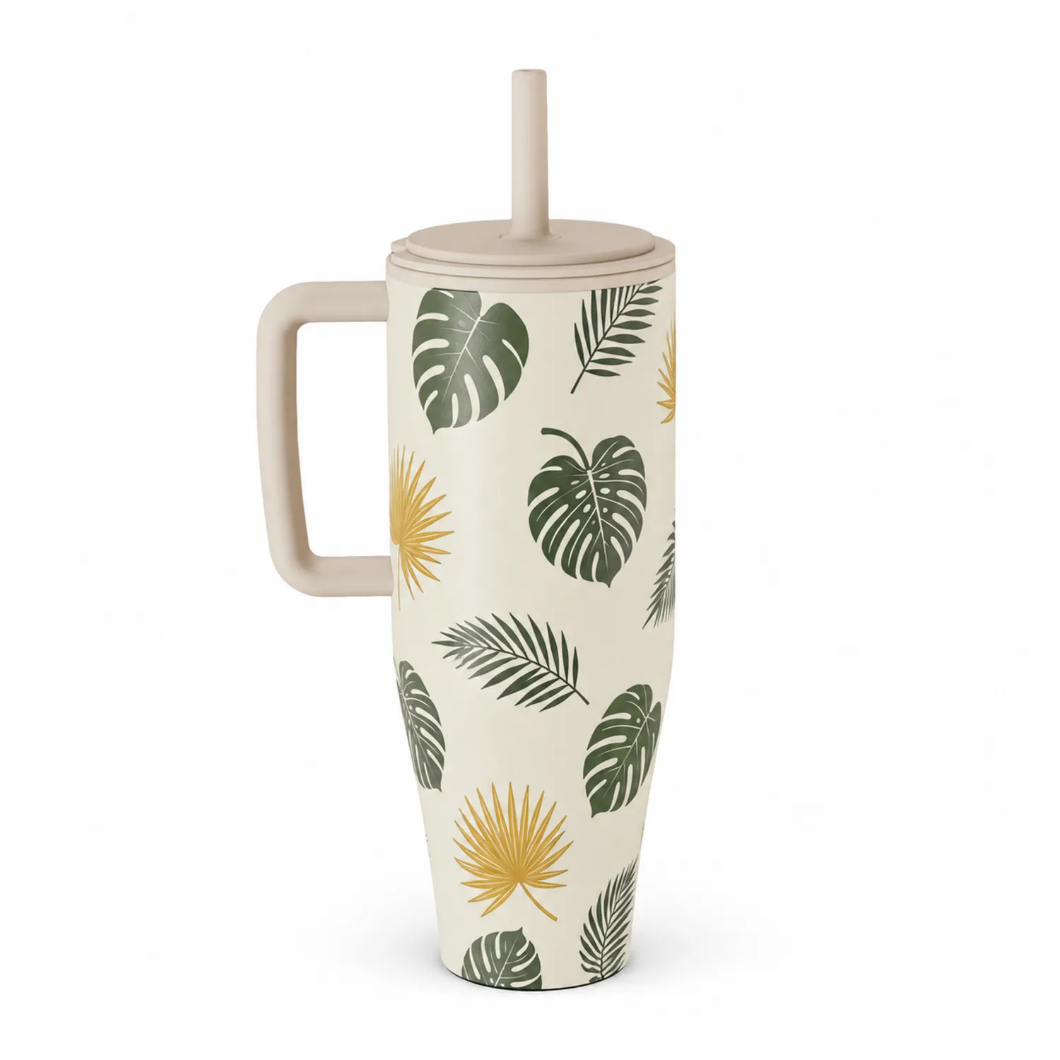 Taza térmica con pajita y diseño de hojas tropicales, 700ml