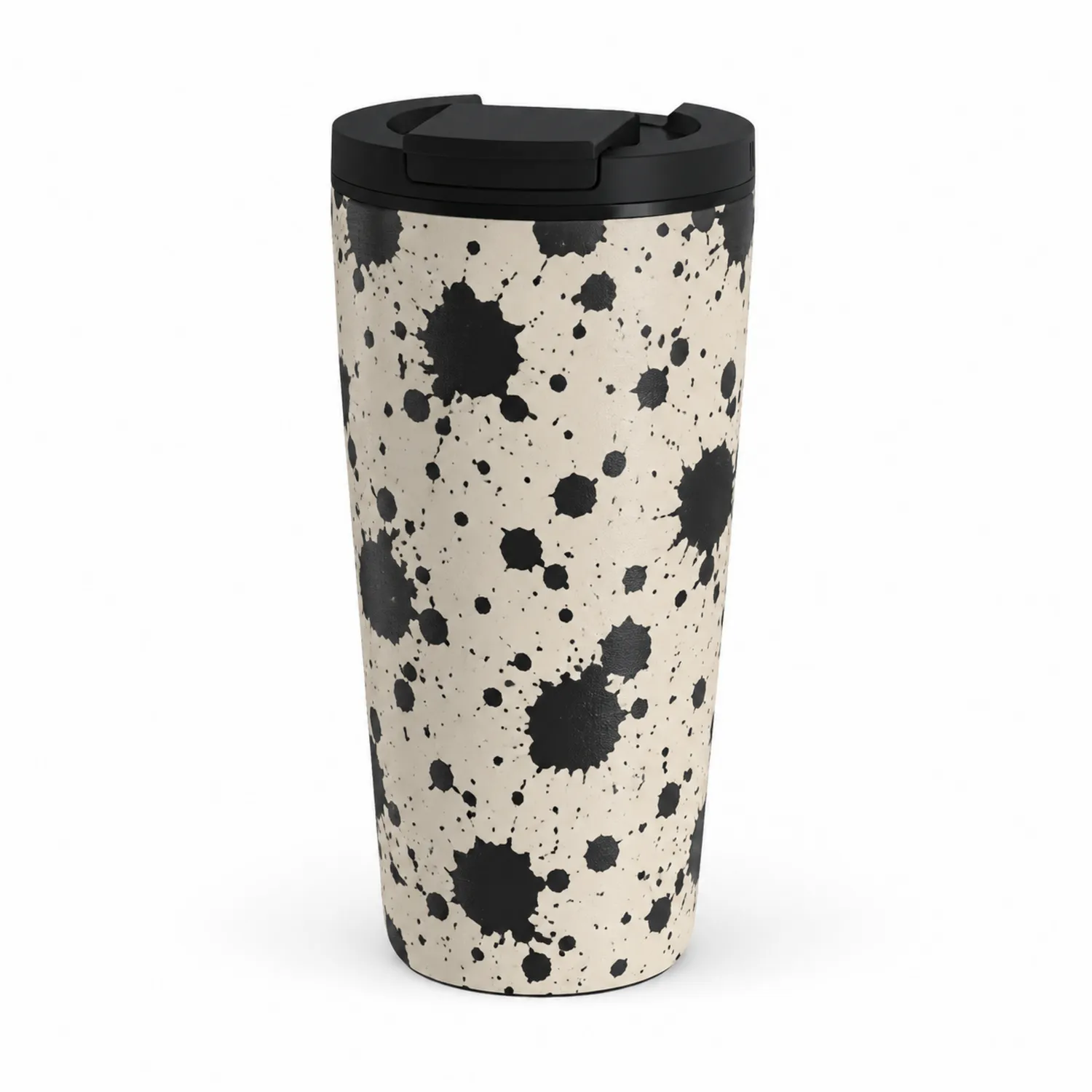 Taza Térmica Beige con Salpicaduras Negras y Tapa Deslizante