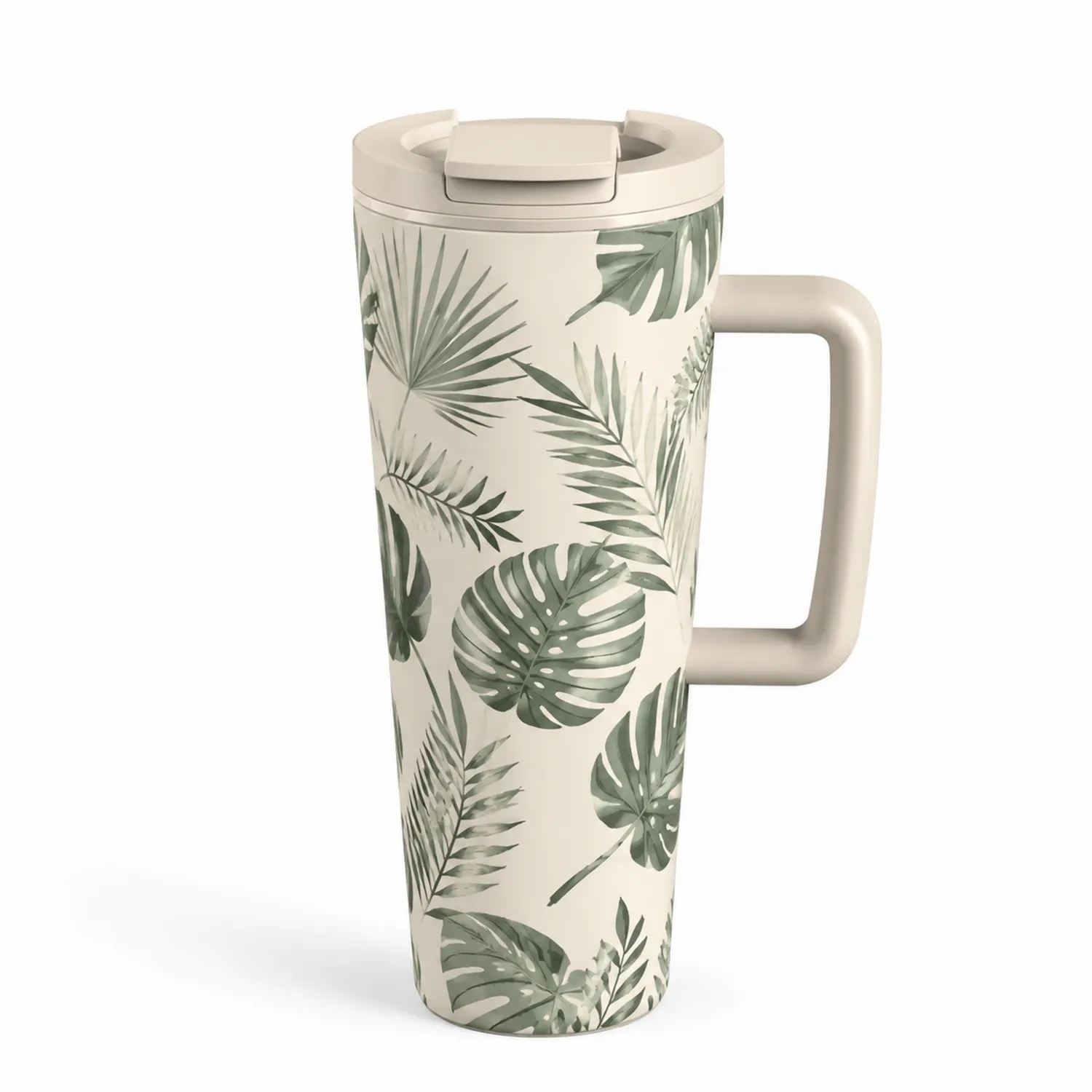 Taza de Viaje Aislada con Mango y Diseño de Hojas Tropicales - Beige/Verde