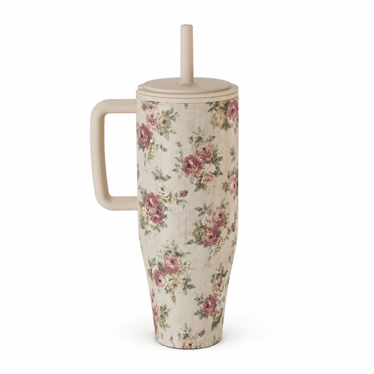 Taza Térmica Floral con Tapa y Pajita 500ml