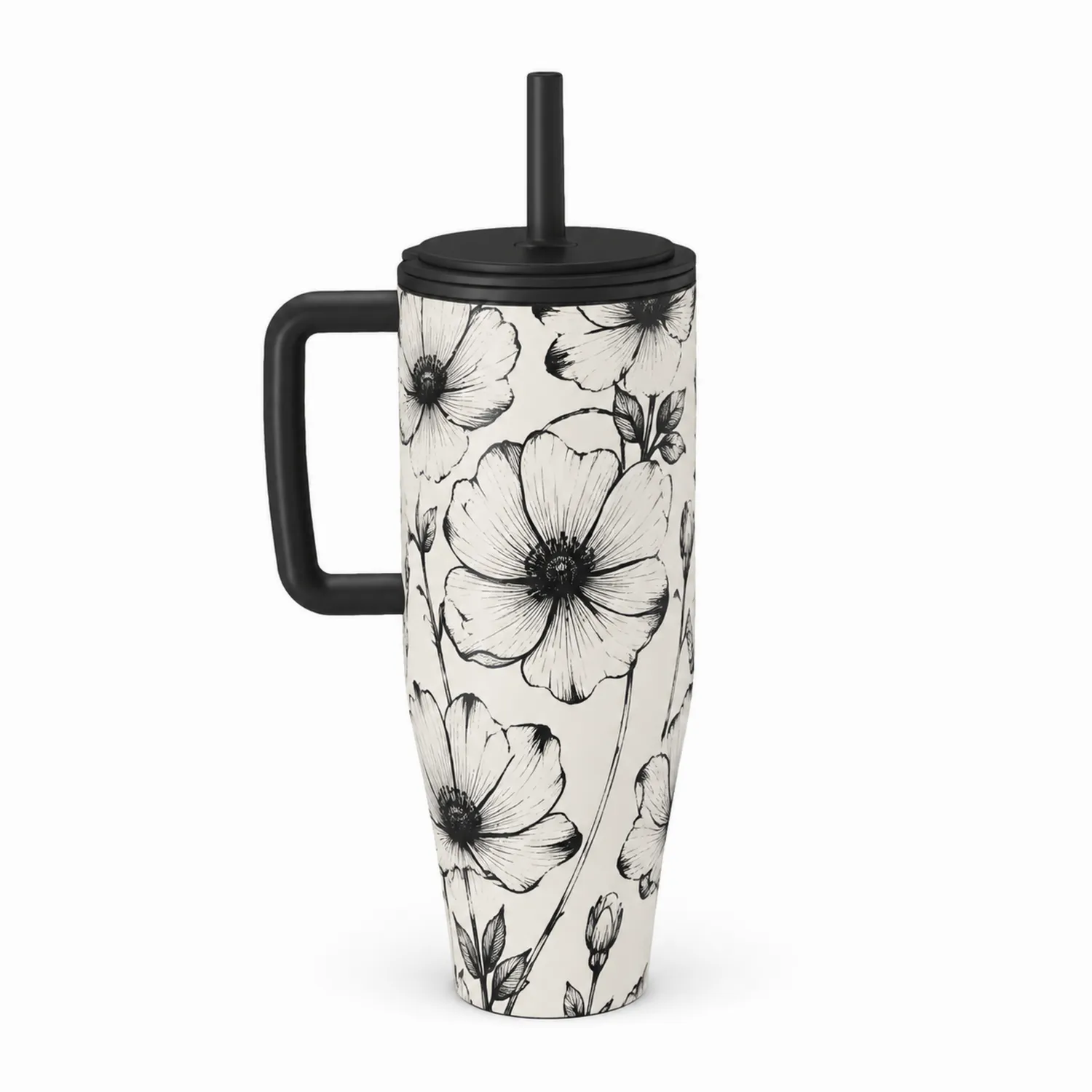 Taza Térmica con Pajita Integrada 900ml Diseño Floral Blanco y Negro