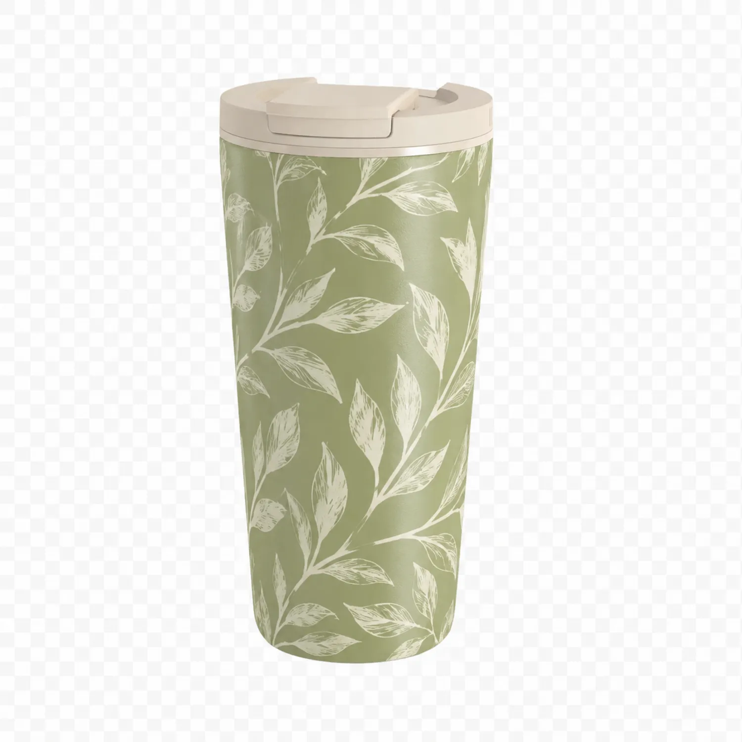 Taza térmica de viaje 500ml verde con diseño de hojas