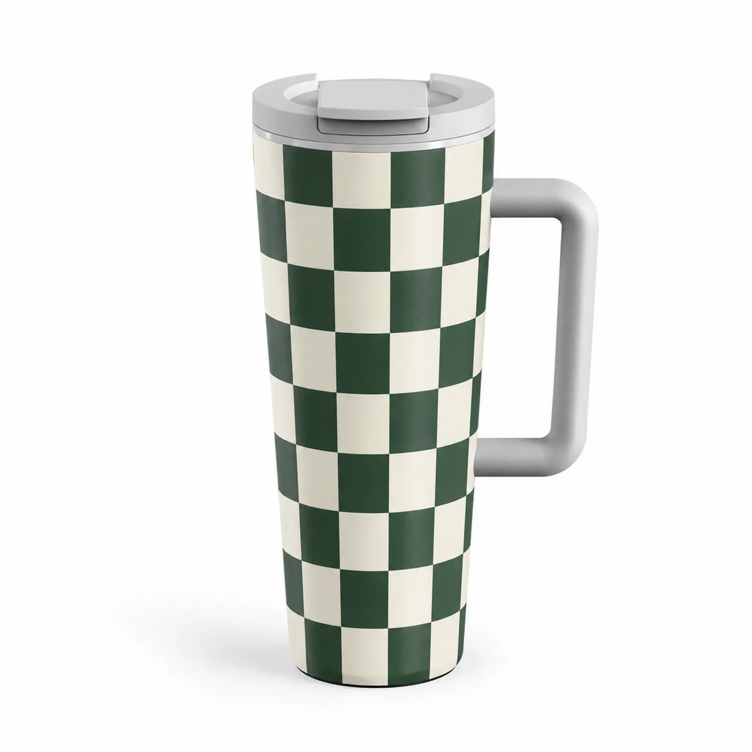 Taza térmica de viaje de 450ml diseño ajedrez verde y blanco
