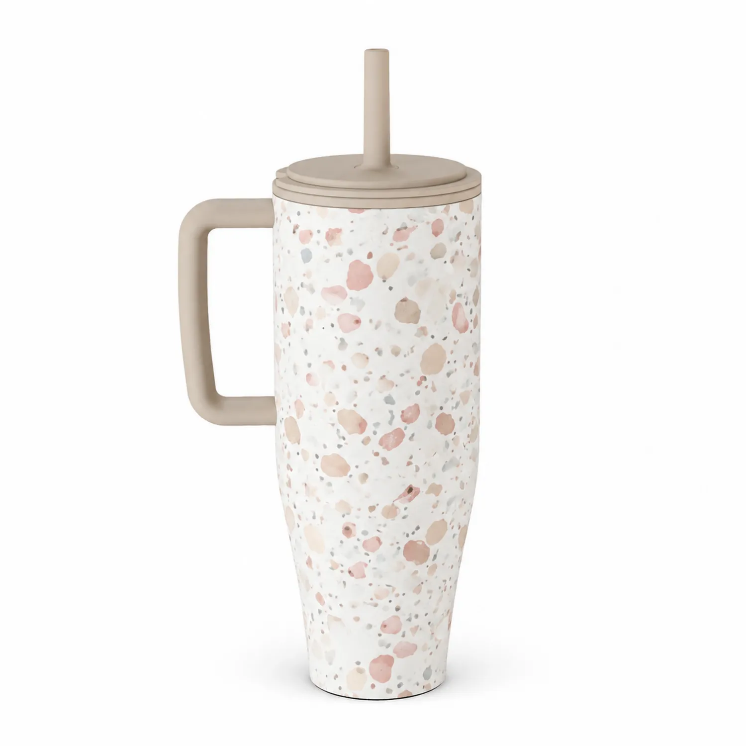 Vaso Térmico con Pajilla Diseño Terrazzo 550ml Blanco/Beige