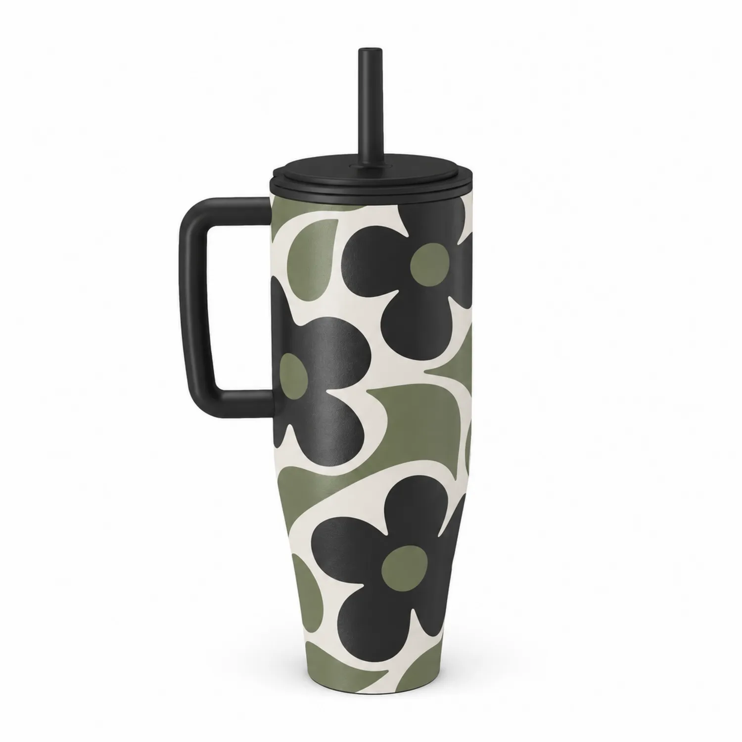 Vaso térmico con diseño floral negro y verde con pajita