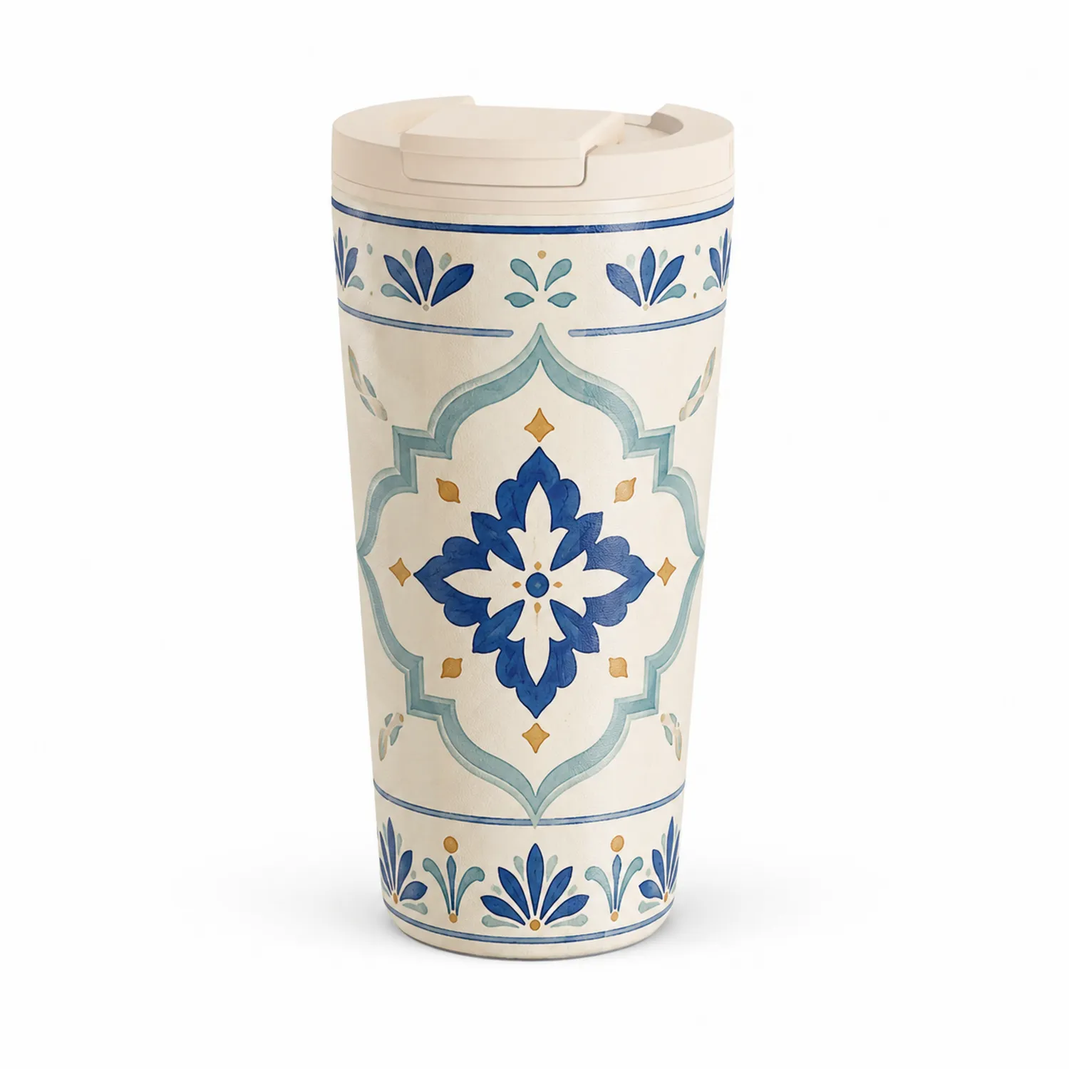 Termo Taza Aislante con Diseño Floral Azul y Blanco 500ml