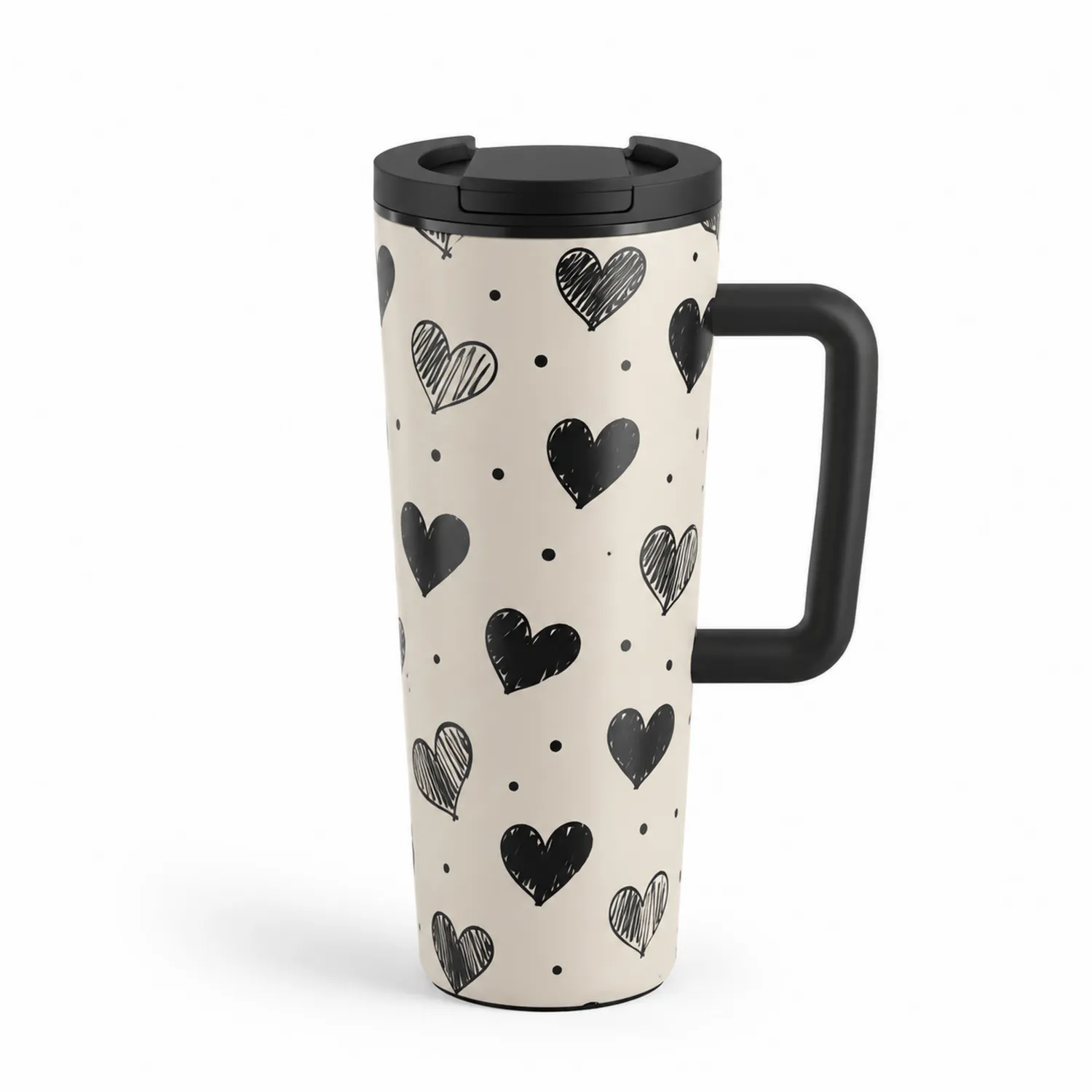 Taza Térmica con Asa y Corazones Negros