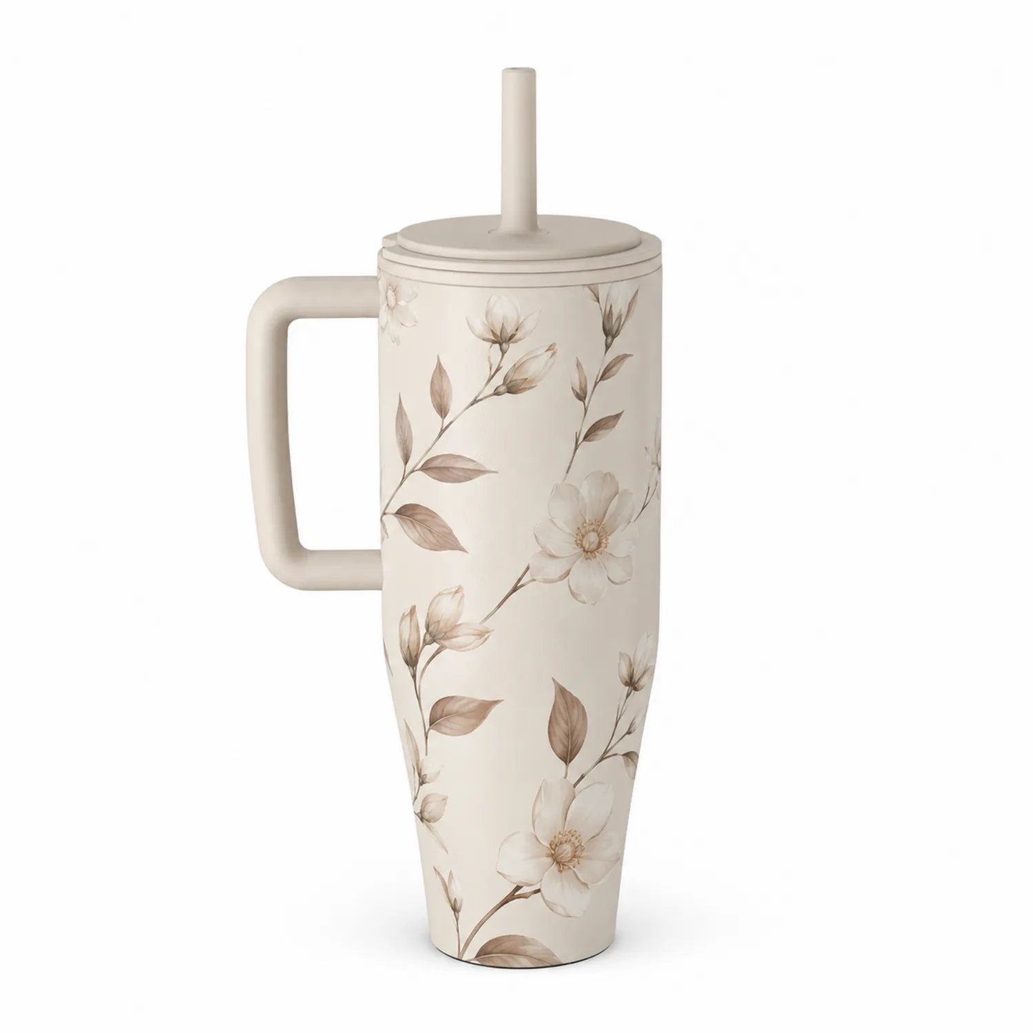 Taza con Asa y Pajita Floral Beige 500ml