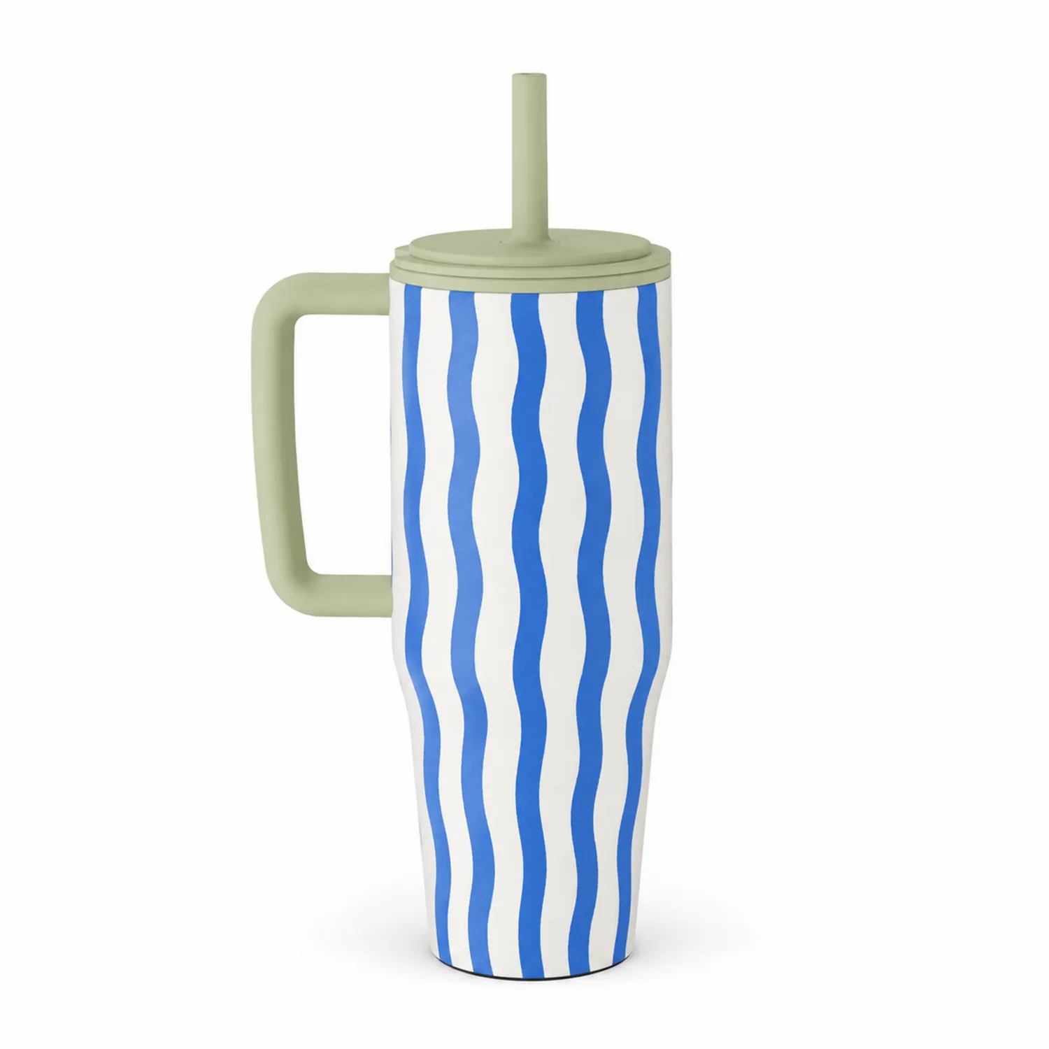 Vaso Térmico de 750 ml con Tapa y Pajita Diseñado en Ondas Azul y Blanco con Asa Verde