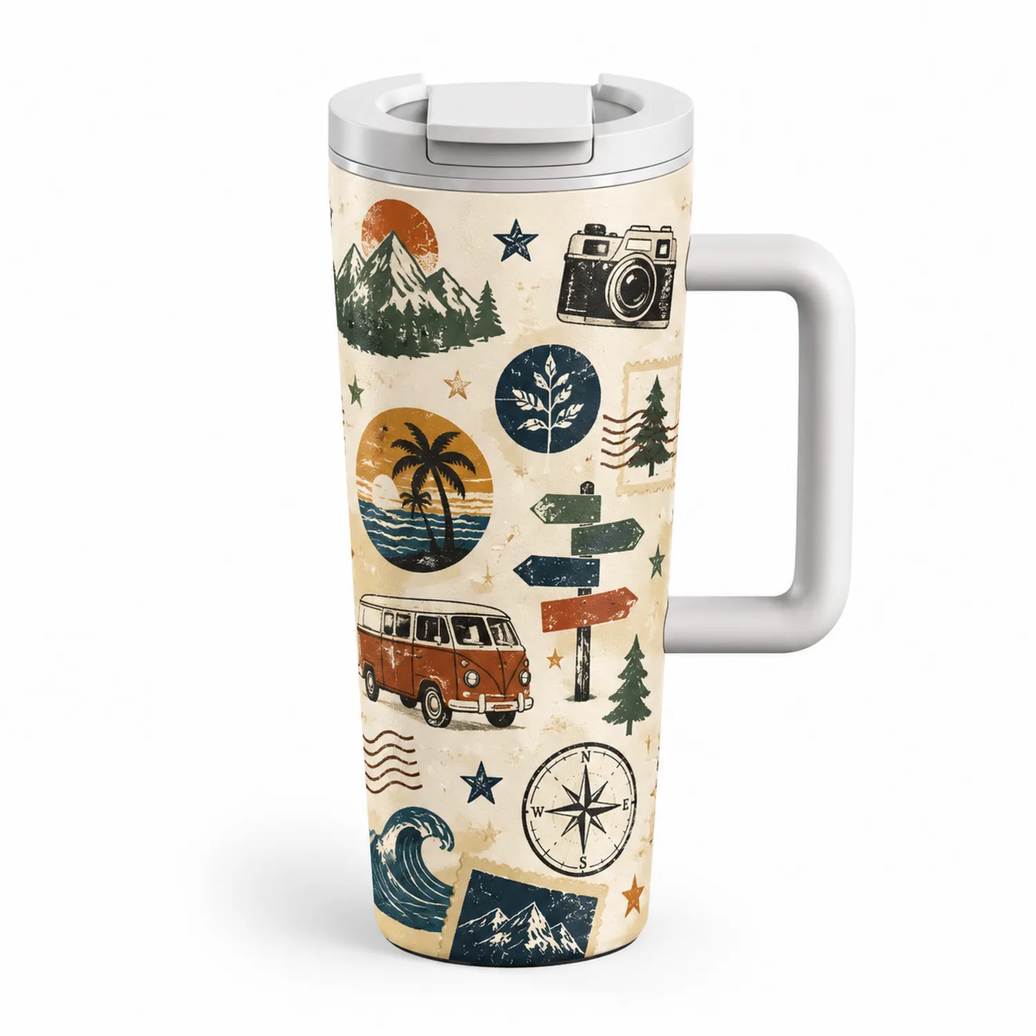 Taza de Viaje con Asa de Diseño Aventurero 450ml Beige/Multicolor