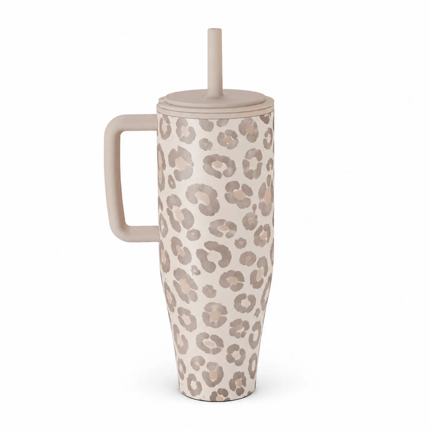 Taza Térmica 710ml con Asa y Pajita Estampado Leopardo Beige
