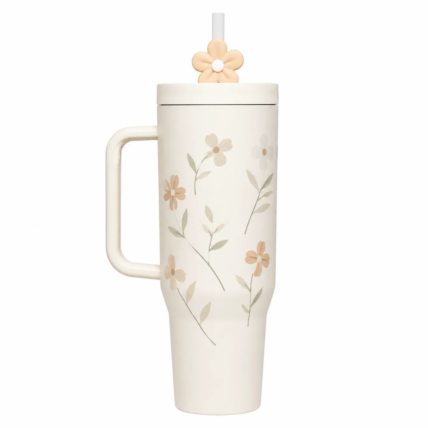 Taza térmica floral con pajita 500ml Marfil