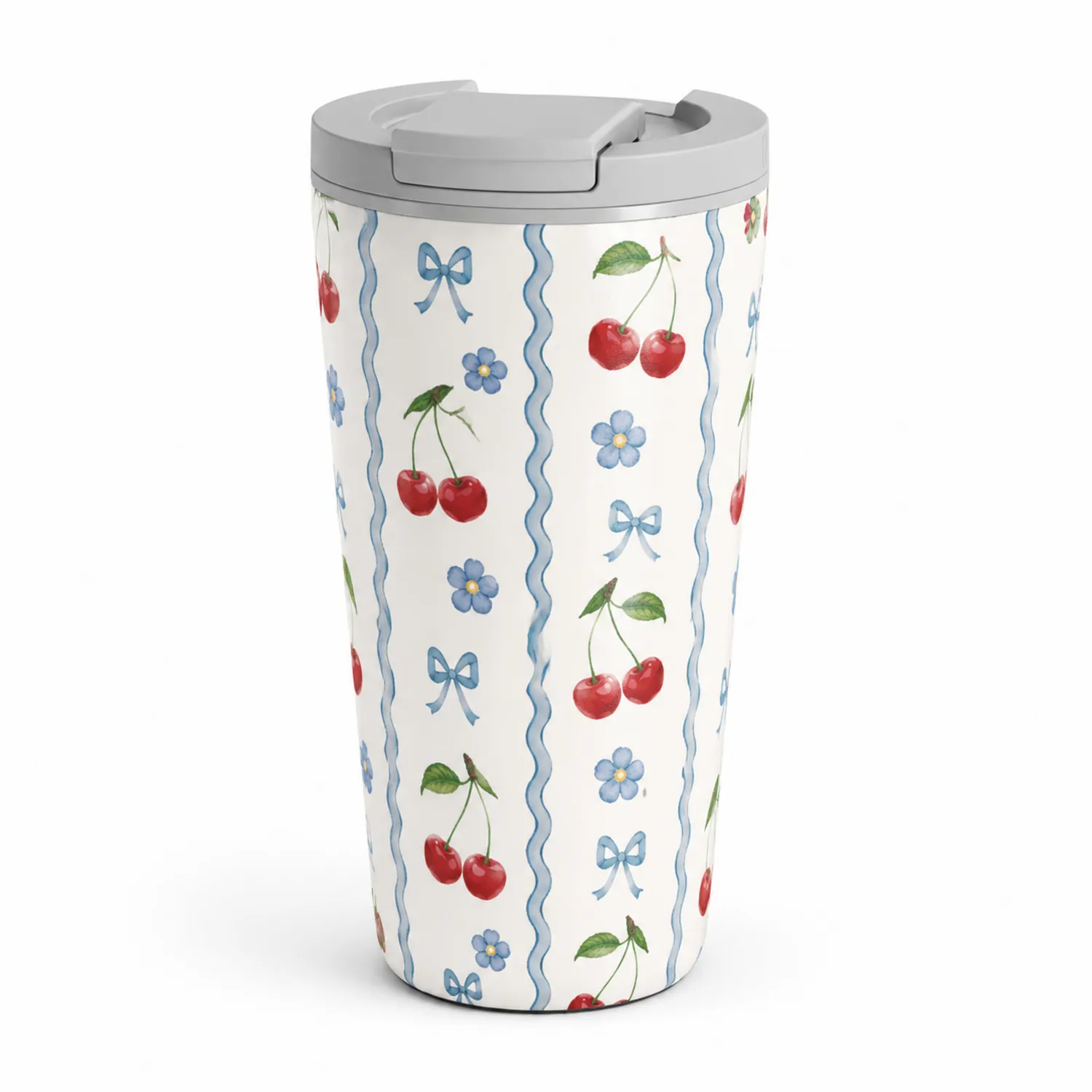 Vaso térmico de viaje con diseño de cerezas 450ml blanco y gris