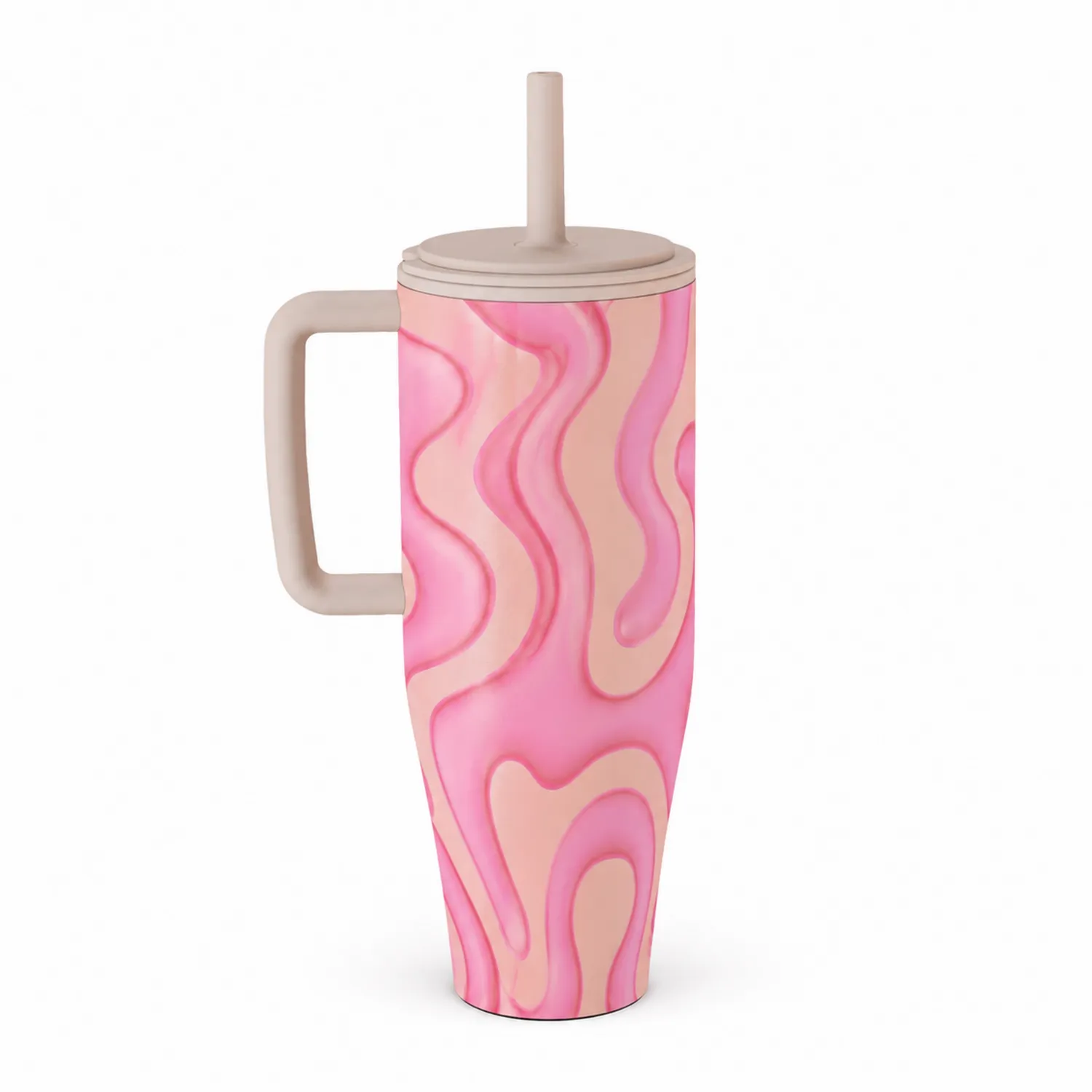 Taza Térmica Rosa con Diseño Ondulado y Tapa Extraíble