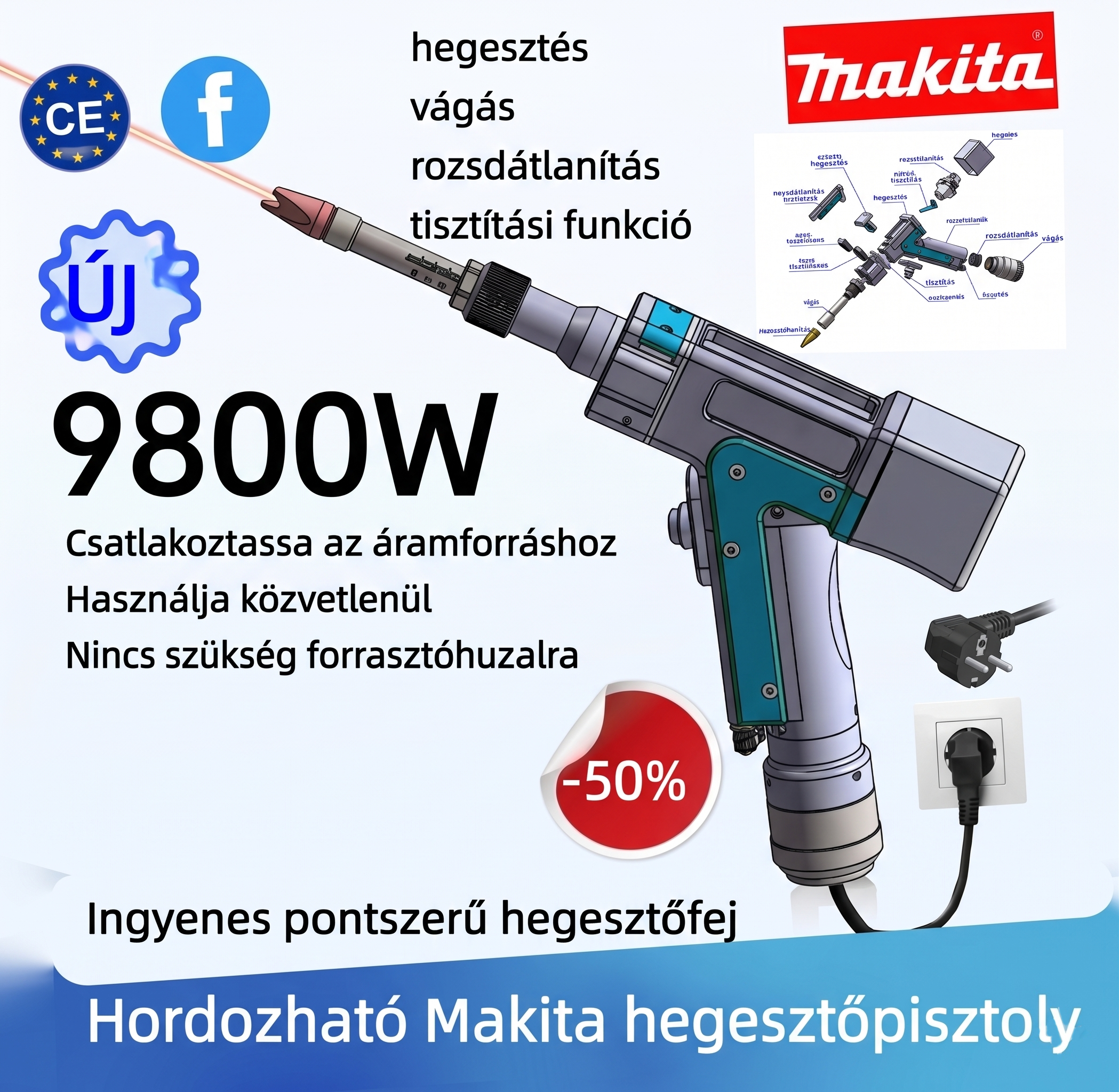 Makita 15000W-os négy az egyben lézerhegesztő pisztoly (hegesztés + tisztítás + vágás + eltávolítás)