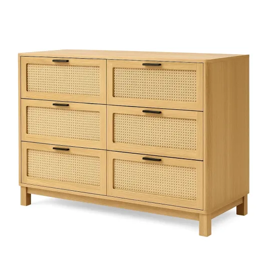 Kommode Holz mit Rattan-Geflecht 6 Schubladen Naturholz-cozyverta