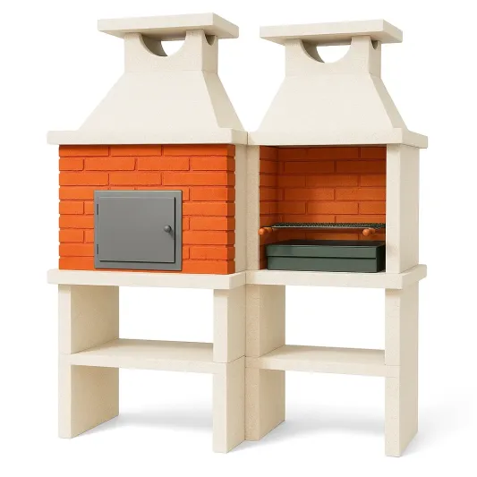 Doppelter Außenkamin aus Beton und Ziegeln mit Grillrost-cozyverta
