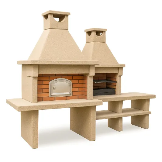 Beton Gartenkamin Set mit Grillmodul und Backofen Ziegel und Beige-cozyverta