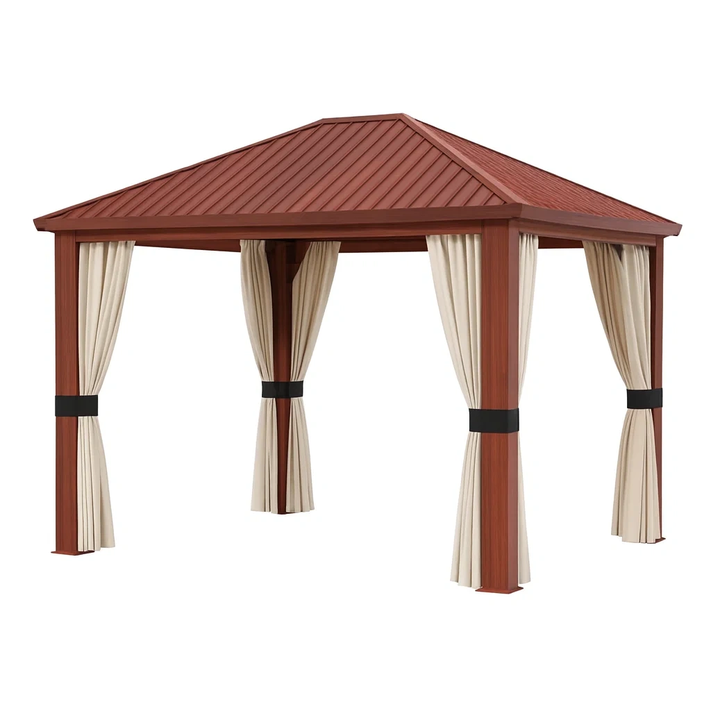 Pavillon mit Stahlrahmen und Polyester-Vorhängen 300x400 cm Rotbraun/Beige-decorvoria