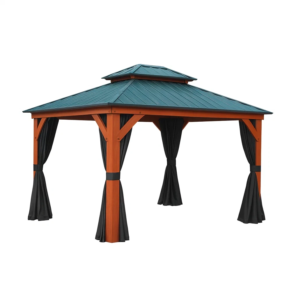 Pavillon aus Holz mit Stahldach und Vorhängen 300x300 cm-decorvoria