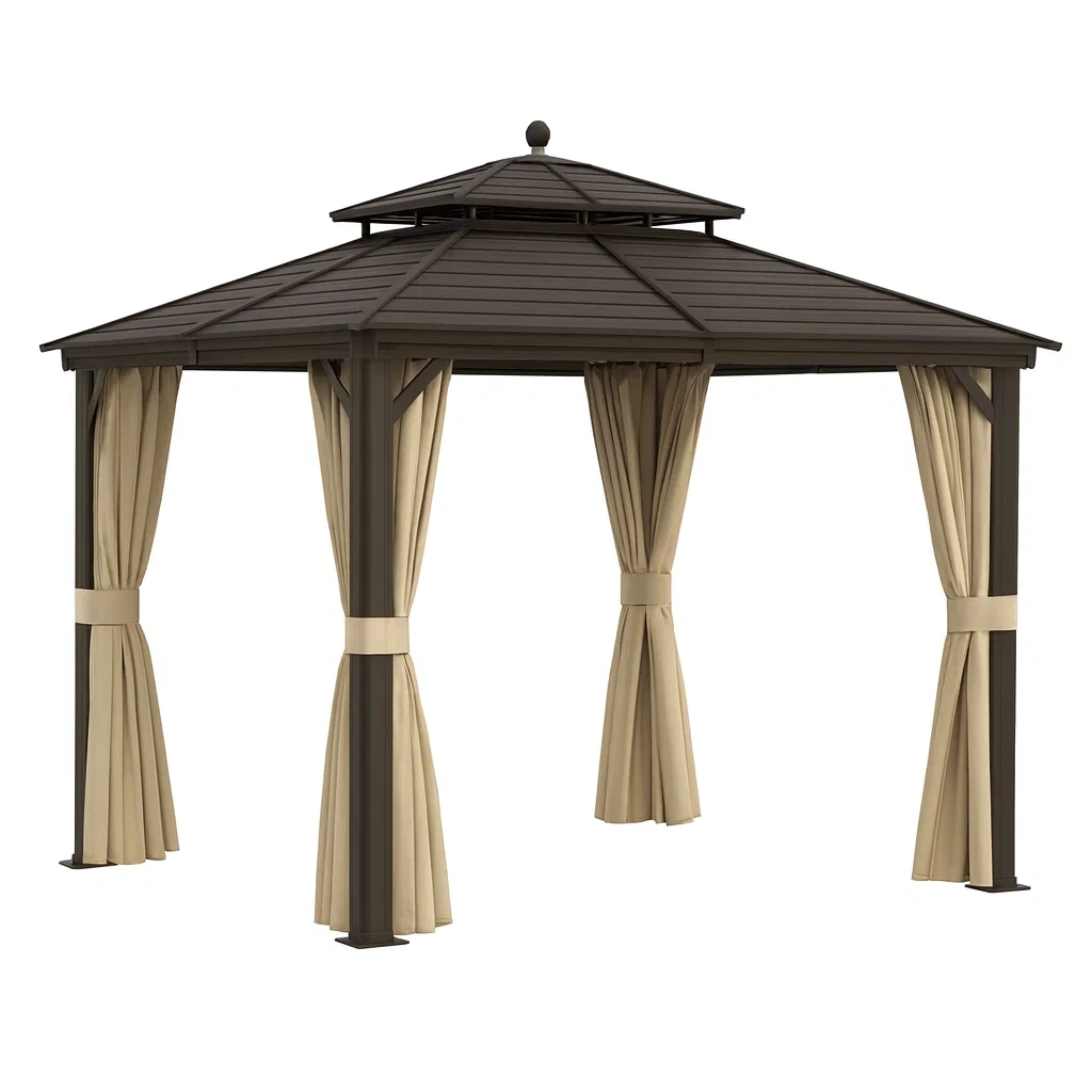 Metall-Gartenpavillon mit Polycarbonat-Dach und Polyester-Vorhängen Dunkelbraun/Beige 3x3 m-decorvoria