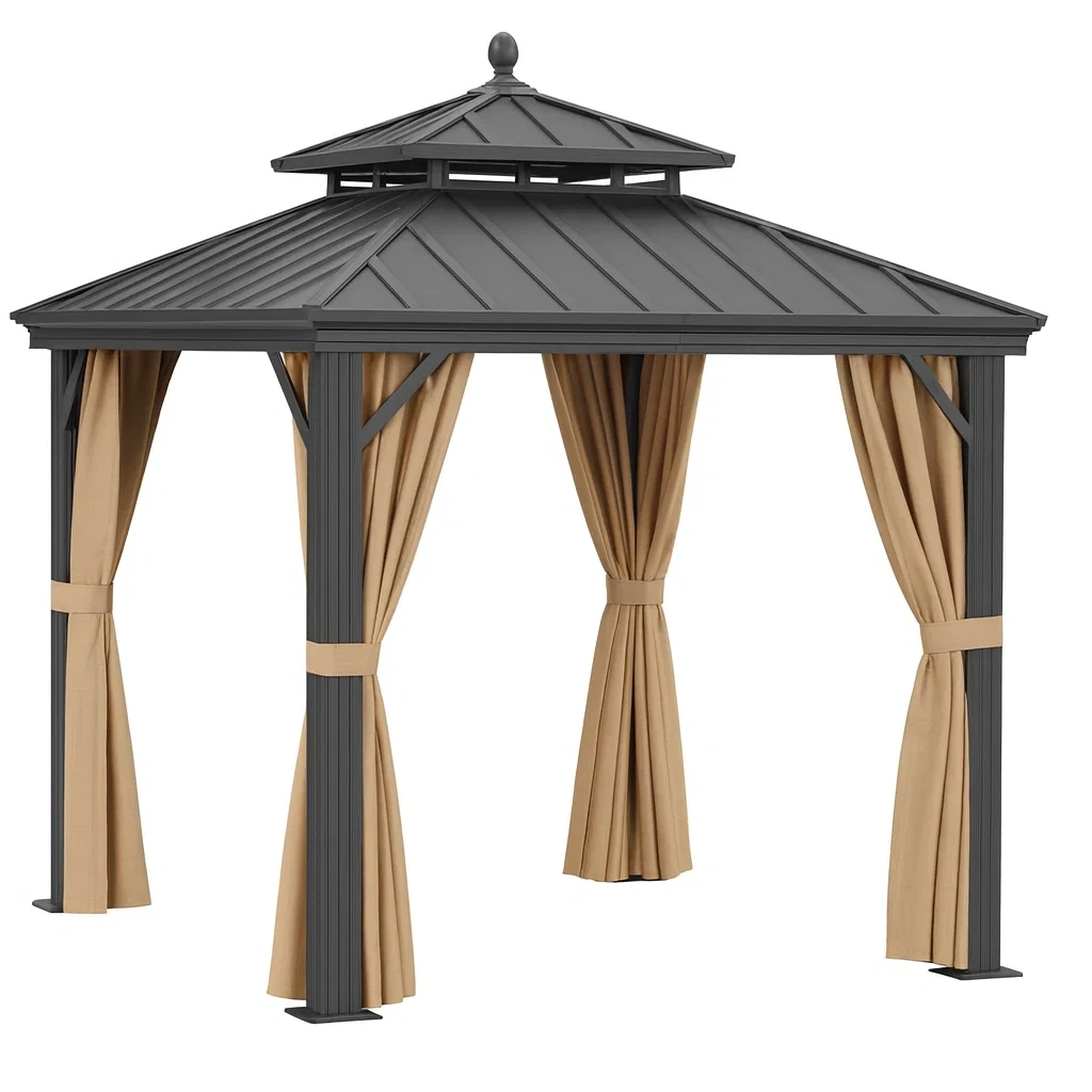Metallpavillon mit Polyester Vorhängen Anthrazit/Beige 3x3m-decorvoria