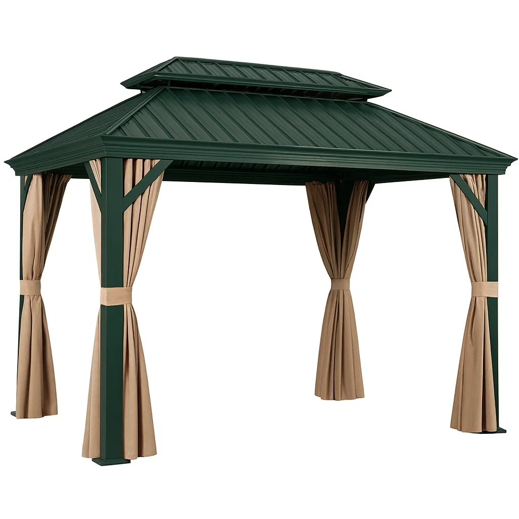 Pavillon aus Metall und Polyester mit Vorhängen Dunkelgrün/Beige-decorvoria