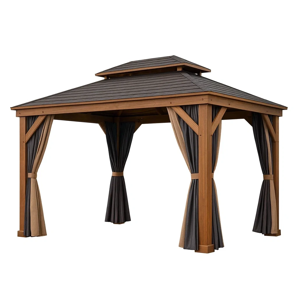 Holz Gartenpavillon 300x400 cm mit Polyester Vorhängen-decorvoria