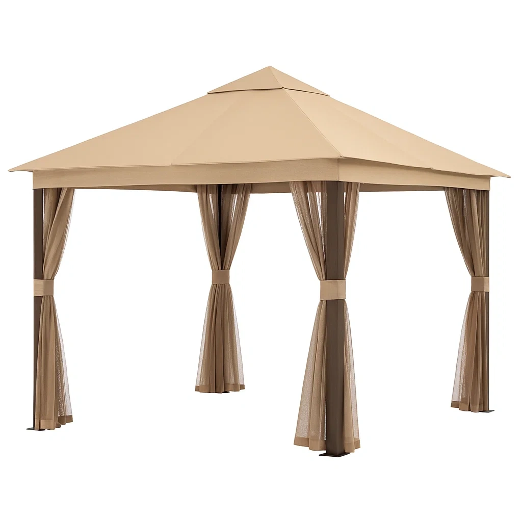 Metall Gartenpavillon mit Netzvorhängen Polyester Beige 3x3m-decorvoria