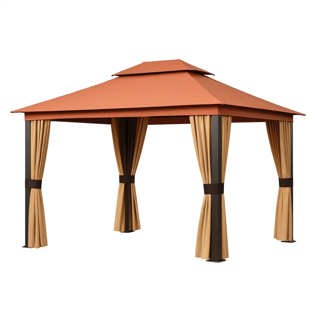 Metall Pavillon mit Polyester Sonnendach und Vorhängen Orange/Braun 3x3x2,7m-decorvoria