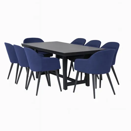 Essgruppe mit rechteckigem Tisch und 8 blauen Stühlen-decorvoria