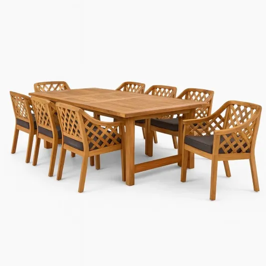 7-teiliges Teakholz-Esstisch-Set mit Sitzkissen-decorvoria