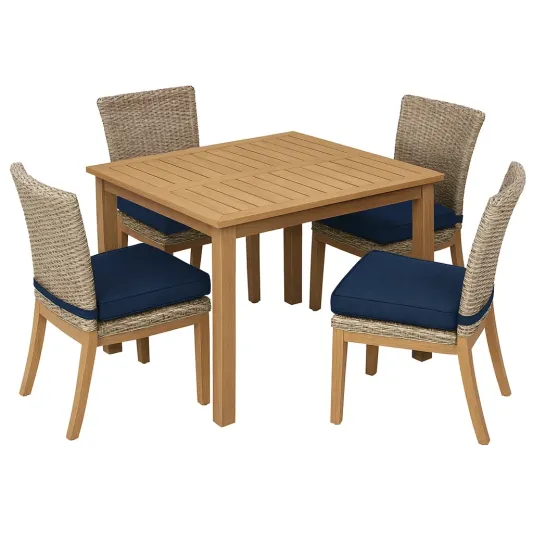 Essgruppe aus Holz und Rattan mit Blauen Kissen-decorvoria