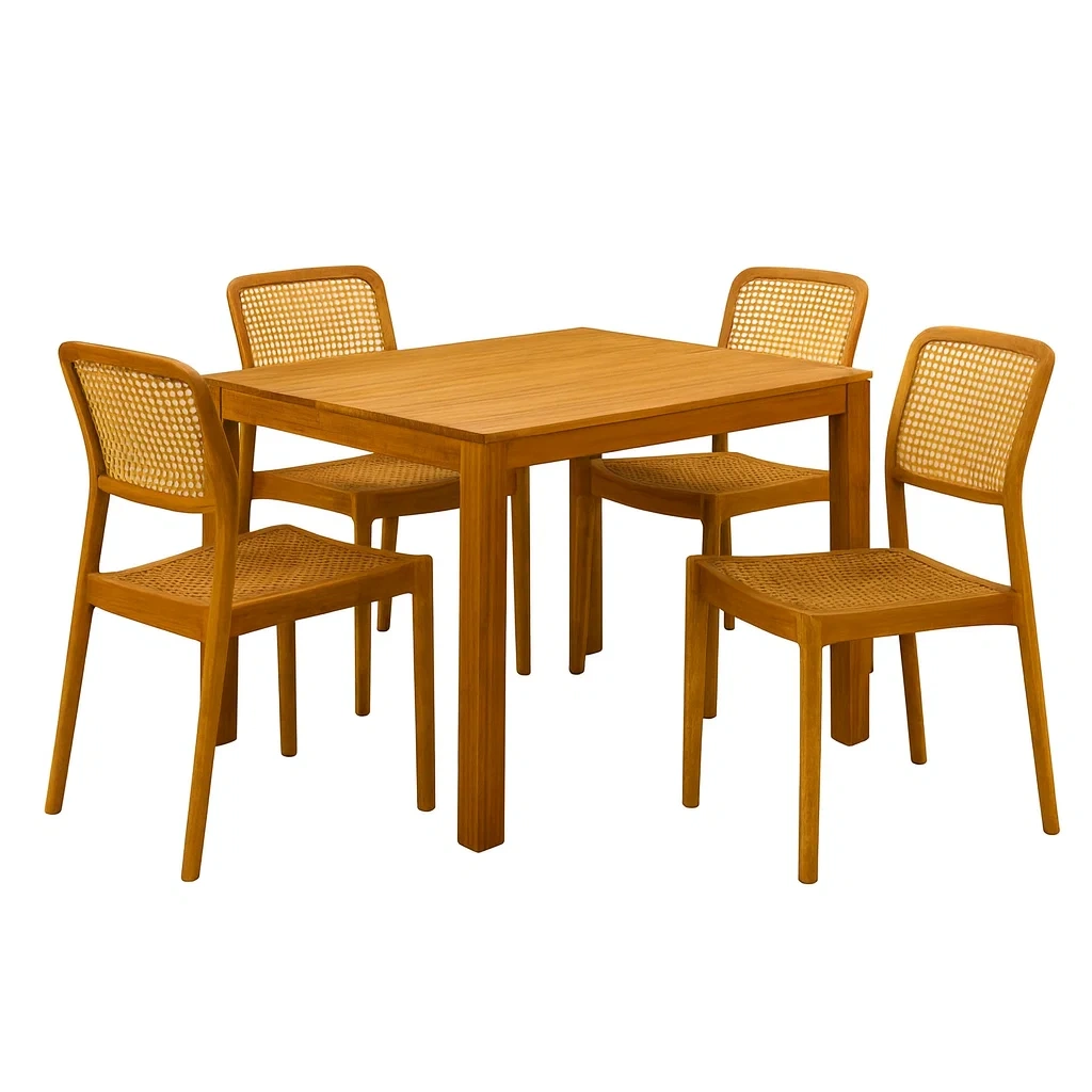 Essgruppe aus Teakholz mit Tisch und 4 Stühlen-decorvoria