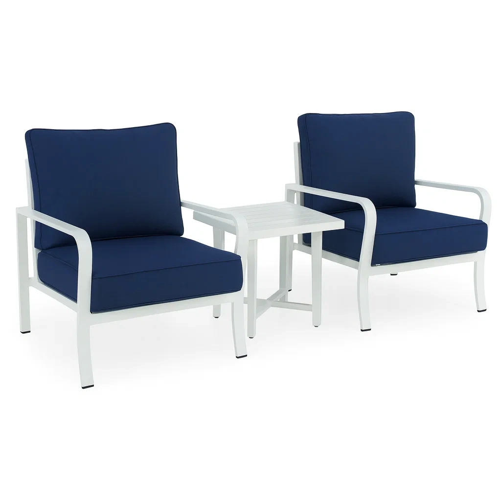 Gartenmöbel-Set 2 Sessel mit Beistelltisch aus Aluminium Weiß Blau-decorvoria